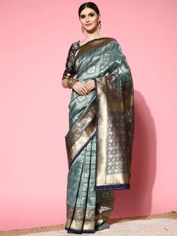 Akhilam - Womens Silk Blend Blue Woven Design Designer Saree with Unstitched Blouse