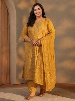 Extra love by Libas - Plus Size Yellow Printed Lace Work Kurta with Pant and Dupatta