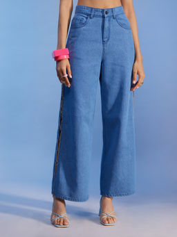 MIXT by Nykaa Fashion - Blue Wide Leg Chain And Slit Pattern Denim Jeans