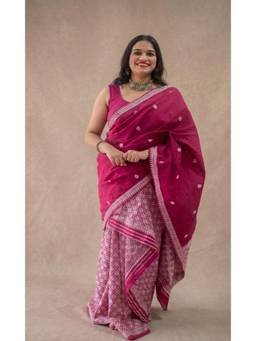 APAAPI THREADS OF GLORY - Rani Pink Ethnic Motif Cotton Floral Woven Saree