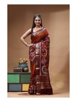 Boveee - Rust-Maroon Hand Painted Silk Saree