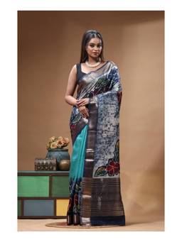 Boveee - Sky Blue Floral Hand Painted Silk Saree