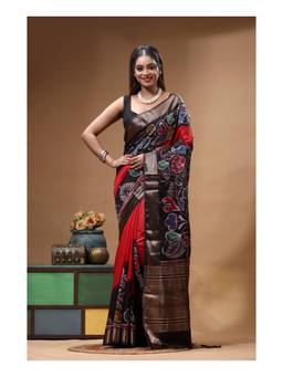 Boveee - Red Floral Hand Painted Silk Saree