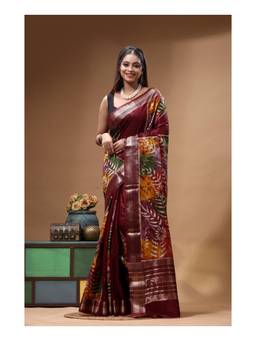 Boveee - Elegant Brown Hand Painted Woven Silk Saree