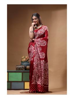Boveee - Elegant Red Hand Painted Silk Saree