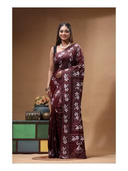 Boveee - Burgundy Floral Hand Embroidery Kantha Ready To Wear Saree