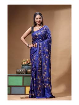 Boveee - Royal Blue Floral Hand Embroidery Kantha Ready To Wear Saree