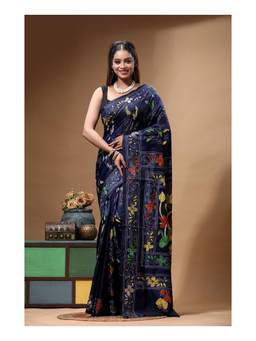 Boveee - Navy Blue Floral Hand Embroidery Kantha Ready To Wear Saree