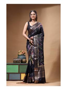 Boveee - Black Printed Hand Painted Silk Saree