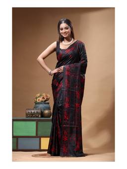 Boveee - Black-Red Floral Kantha Hand Embroidery Ready To Wear Saree