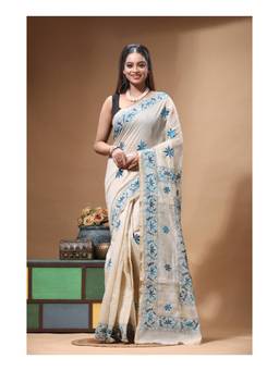 Boveee - Off White Floral Kantha Hand Embroidery Ready To Wear Saree