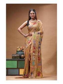 Boveee - Beige Floral Kantha Hand Embroidery Ready To Wear Saree