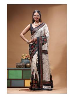Boveee - Elegant Off White Floral Printed Silk Saree