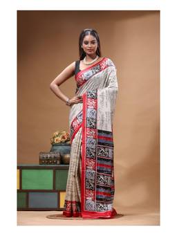 Boveee - Elegant Off White Printed Silk Saree