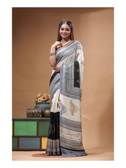 Boveee - Off White-Black Printed Silk Saree