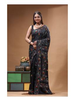 Boveee - Black Floral Hand Embroidery Cotton Ready To Wear Saree
