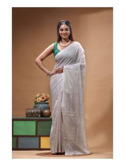 Boveee - Off White Floral Hand Embroidery Kantha Ready To Wear Saree