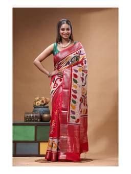 Boveee - Elegant Red Floral Hand Painted Silk Saree