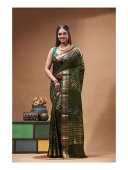 Boveee - Elegant Olive Floral Hand Painted Silk Saree