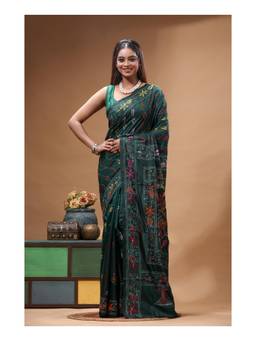 Boveee - Dark Green Floral Hand Embroidery Kantha Ready To Wear Saree