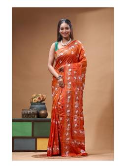 Boveee - Orange Floral Hand Embroidery Kantha Ready To Wear Saree