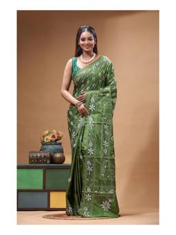 Boveee - Green Floral Hand Embroidery Kantha Ready To Wear Saree