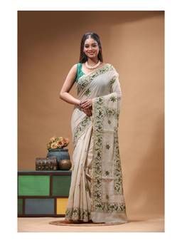 Boveee - Off White Floral Hand Embroidery Cotton Ready To Wear Saree