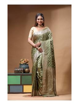 Boveee - Sage Green Premium Woven Stone Work Silk Saree