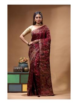Boveee - Royal Maroon Floral Woven Silk Saree