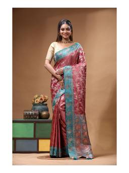 Boveee - Rose Pink Woven Stone Work Silk Saree