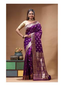 Boveee - Royal Purple Floral Woven Katan Silk Saree