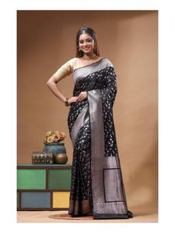 Boveee - Black Floral Woven Mashru Silk Saree