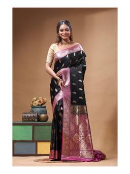 Boveee - Black Floral Woven Katan Silk Saree