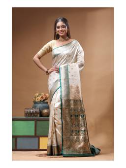 Boveee - Off White Zari Woven Katan Silk Saree
