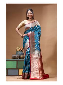 Boveee - Royal Sapphire Blue Floral Woven Katan Silk Saree