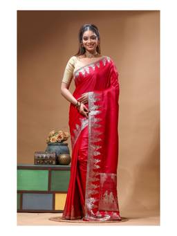Boveee - Premium Ruby Red Woven Stone Work Silk Saree