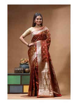 Boveee - Rust Dual Toned Floral Woven Katan Silk Saree