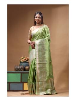Boveee - Light Green Floral Woven Crepe Saree