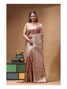 Boveee - Light Brown Floral Woven Crepe Saree