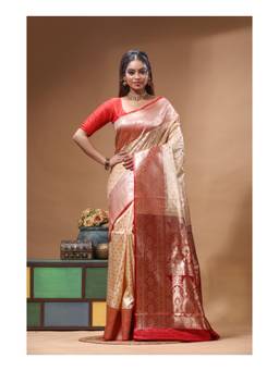 Boveee - Cream Zari Woven Katan Silk Saree