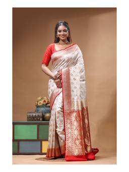 Boveee - Off White Zari Woven Katan Silk Saree