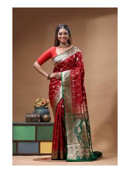 Boveee - Red-Green Zari Woven Katan Silk Saree