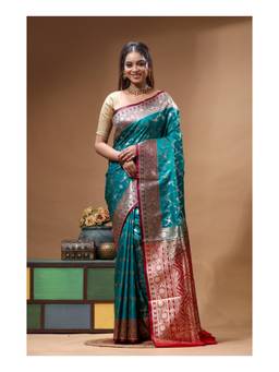 Boveee - Blue-Red Zari Woven Katan Silk Saree