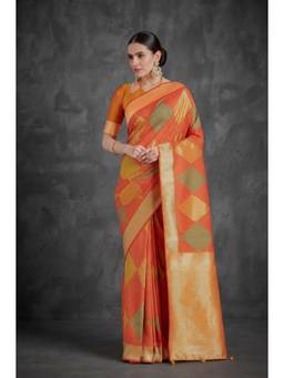 Monjolika Fashion - Orange Woven Banarasi Soft Silk Saree