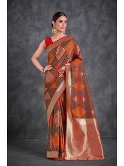 Monjolika Fashion - Rust Woven Banarasi Soft Silk Saree