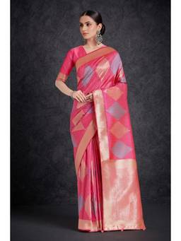 Monjolika Fashion - Pink Woven Banarasi Soft Silk Saree