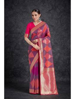 Monjolika Fashion - Rani Pink Woven Banarasi Soft Silk Saree