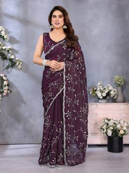 URBAN PALLU - Purple Embroidered Pure Chiffon Saree