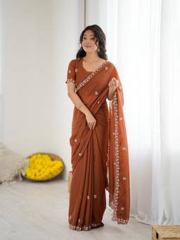 URBAN PALLU - Brown Floral Embroidered Pure Georgette Saree