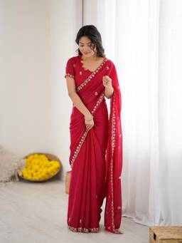 URBAN PALLU - Rani Pink Floral Embroidered Pure Georgette Saree
